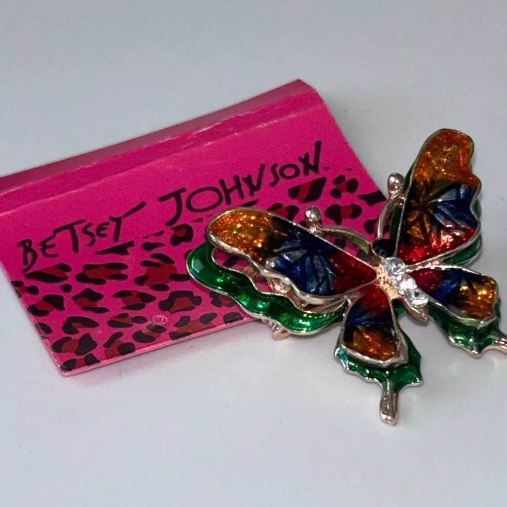 NWT Betsey Johnson butterfly rainbow crystal pin/brooch 3D enamel
